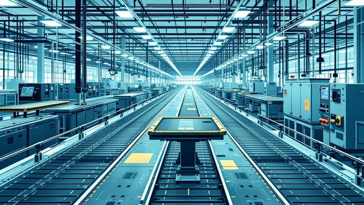 Empty electronics factory floor idle conveyor belts silent machinery tech supply chain disruption china