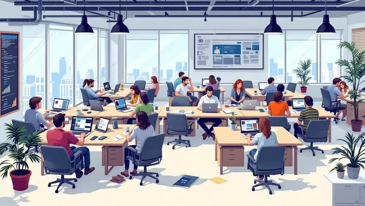 Modern newsroom office computers people collaborating digital devices busy tech news