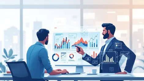 Two professionals collaborating over digital data charts ai technology modern office