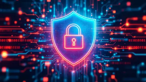 Abstract digital shield network data streams binary code cybersecurity ai data protection vivid colors complexity vigilance