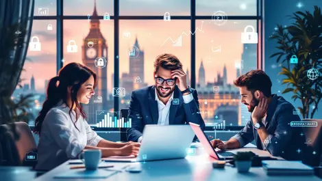 Diverse british professionals collaborating modern london office teamwork tech