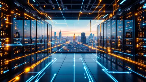 Modern data center rows server racks network equipment glowing cables broadband connectivity european cityscape realistic natural lighting