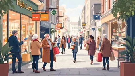 Bustling british high street shoppers interacting with friendly store staff customer loyalty rewards