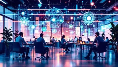 Modern uk office professionals working on computers ai neural network data streams collaboration technology innovation