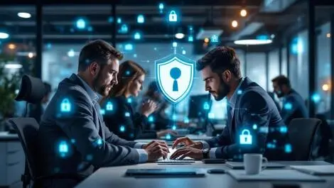 Modern australian office professionals computers digital security shields locks cybercrime protection