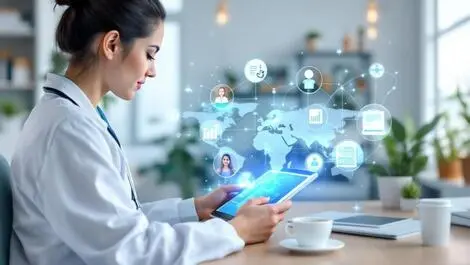 Modern telemedicine consultation healthcare professional tablet ai clinical notes billing automation global network connection healthcare technology us uk office