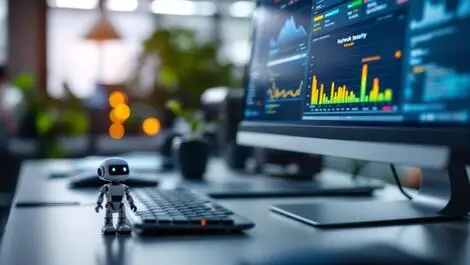 Computer workstation network security graphs robot figurine modern australian office