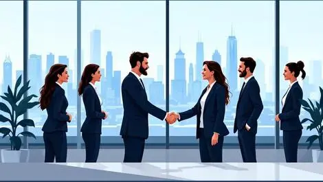 Professional business people shaking hands office australian city skyline