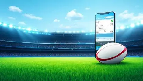 Smartphone showing digital ticket with rugby stadium and ball australia