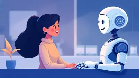 Smiling ai robot assisting happy customer service desk friendly interaction