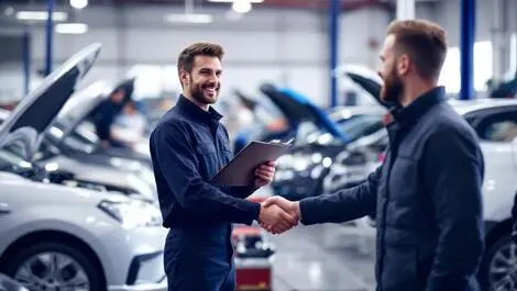 Car garage uk mechanic clipboard customer shaking hands service