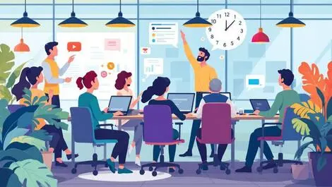 Illustration people collaborating office working computers discussing workplace transformation