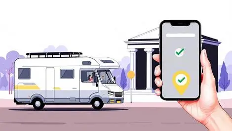 Motorhome next to bank building smartphone checkmark instant bank transfers au