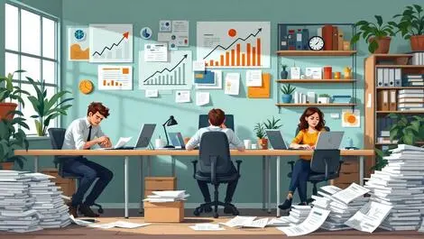 Uk small business office tired employees piles paperwork stagnant growth struggle