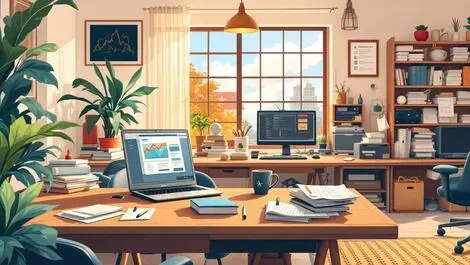 Cozy australian home workspace laptop papers coffee vs old office piles