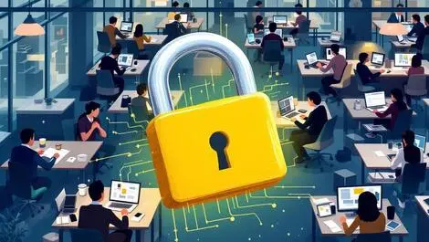 Illustration crowded modern office people computers lock key data security ai