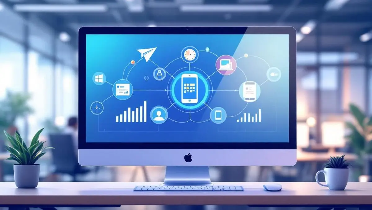 Digital dashboard computer monitor tablet smartphone icons connected australian office