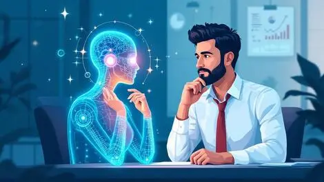 Business leader desk thinking glowing digital advisor human form ai mentoring