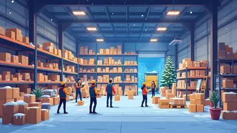Realistic cozy warehouse interior winter organized shelves parcels delivery