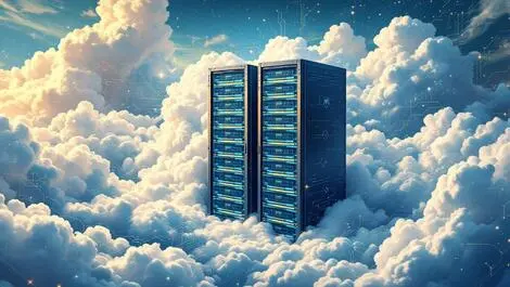 Two large server racks merging surrounded by clouds abstract ai circuits