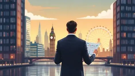 London cityscape modern offices businessperson financial charts investment advisory