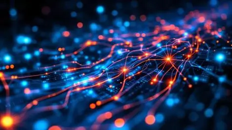 Dynamic data flow glowing lines real time digital sources to neural network