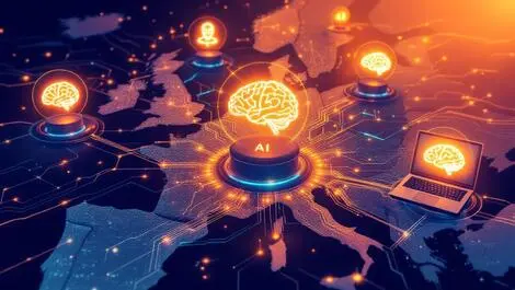 Interconnected servers laptops glowing ai brain circuits europe it distribution ai growth