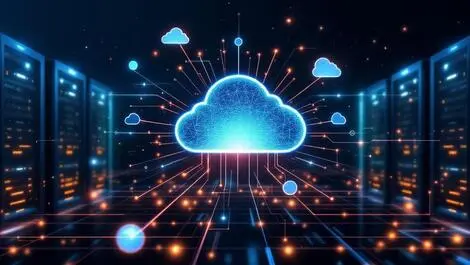 Modern cloud symbol digital network lines server racks abstract data streams ai platform