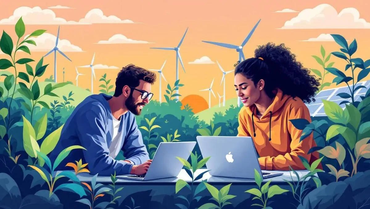 Young entrepreneurs working together laptops green plants wind turbines solar panels clean tech