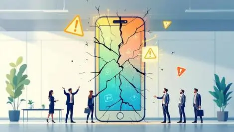Large cracked smartphone digital warnings business people modern office