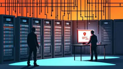 Realistic server room with red highlighted vulnerable racks shadowy cyber threat