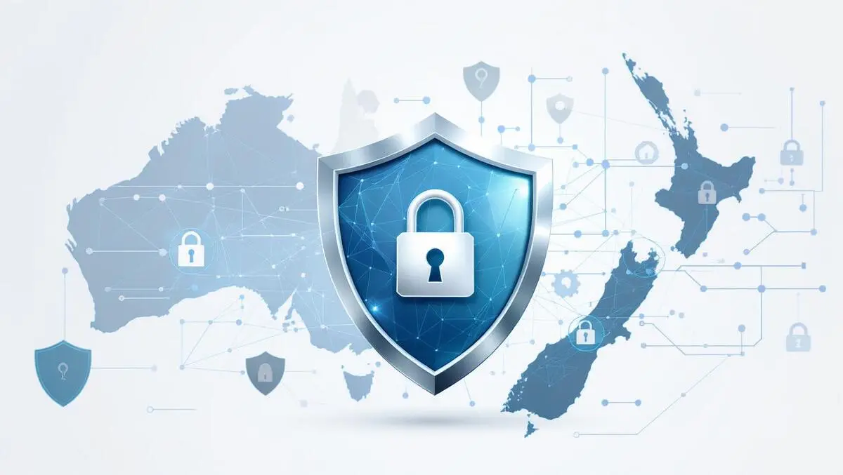 Secure digital network overlapping shields padlocks australian new zealand cybersecurity