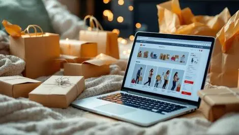 Realistic photo busy online shopping laptop packages sales excitement home