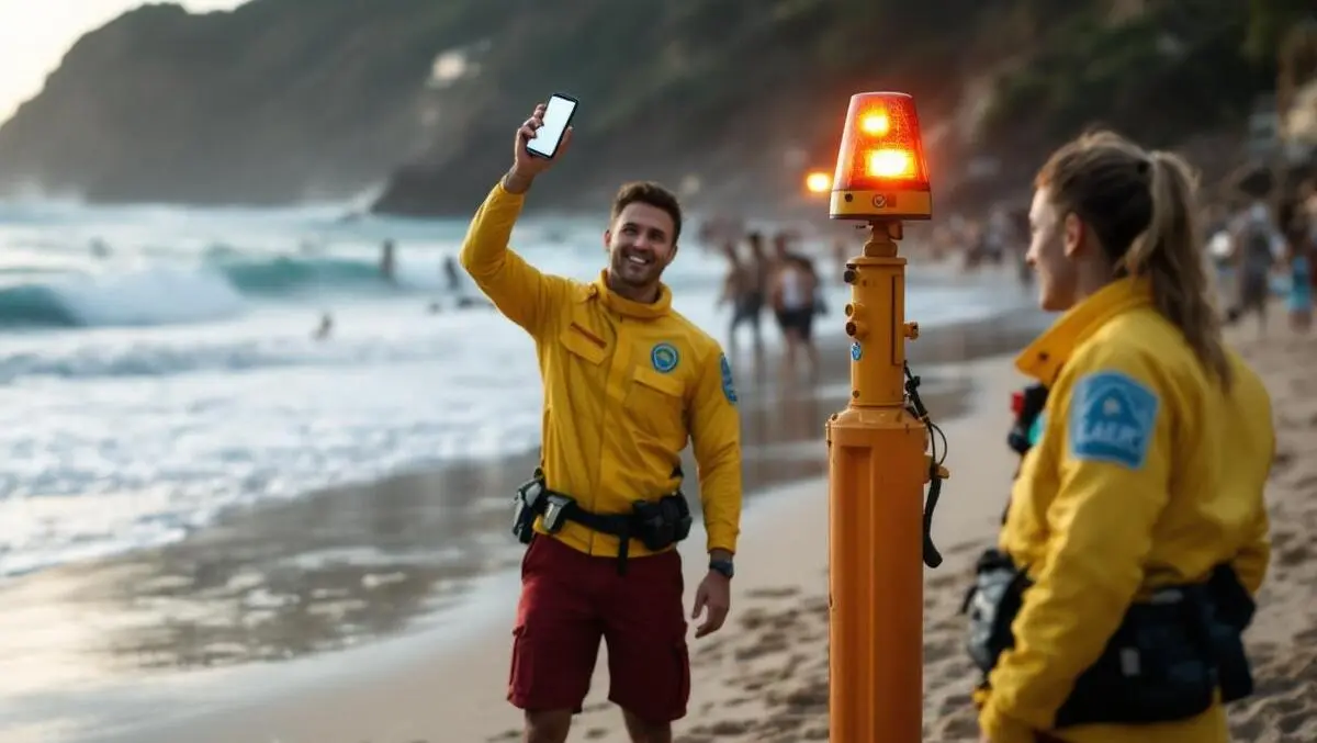 Australian surf lifesavers on sandy beach with flashing siren and smartphone