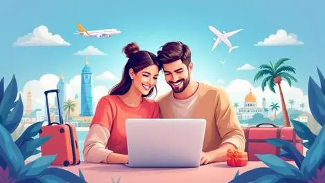 Happy australian couple planning holiday with laptop travel icons
