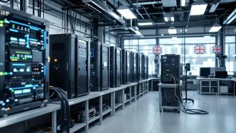 Realistic photo high tech electrical equipment cables modern laboratory