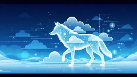 Wolf silhouette abstract cloud digital data streams cybersecurity arctic theme