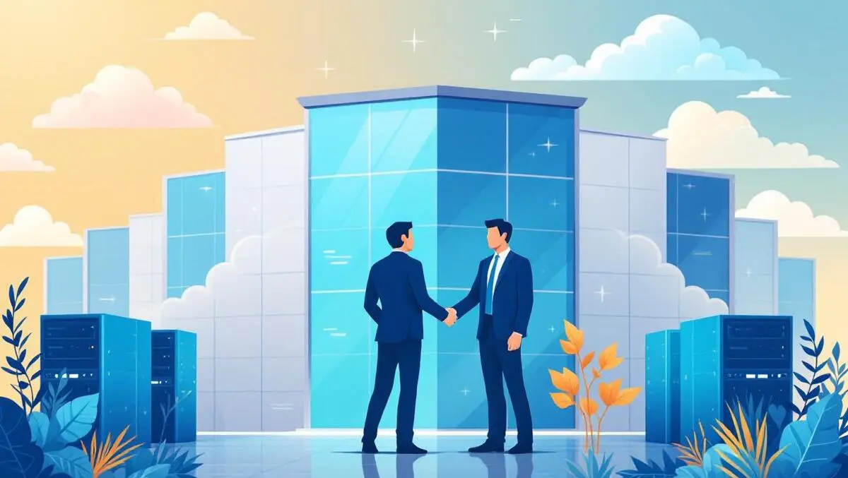 Two businesspeople shaking hands modern office it company acquisition australia