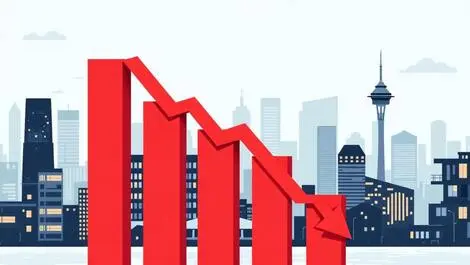 Illustrated bar graph sharp decline downward red arrows nz city skyline