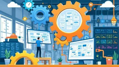 Stylized illustration interconnected gears computer screens flowcharts automation software integration modern industrial