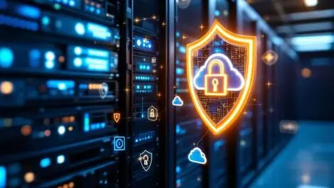 Realistic network server room glowing security shield icons backup cloud data protection microsoft365