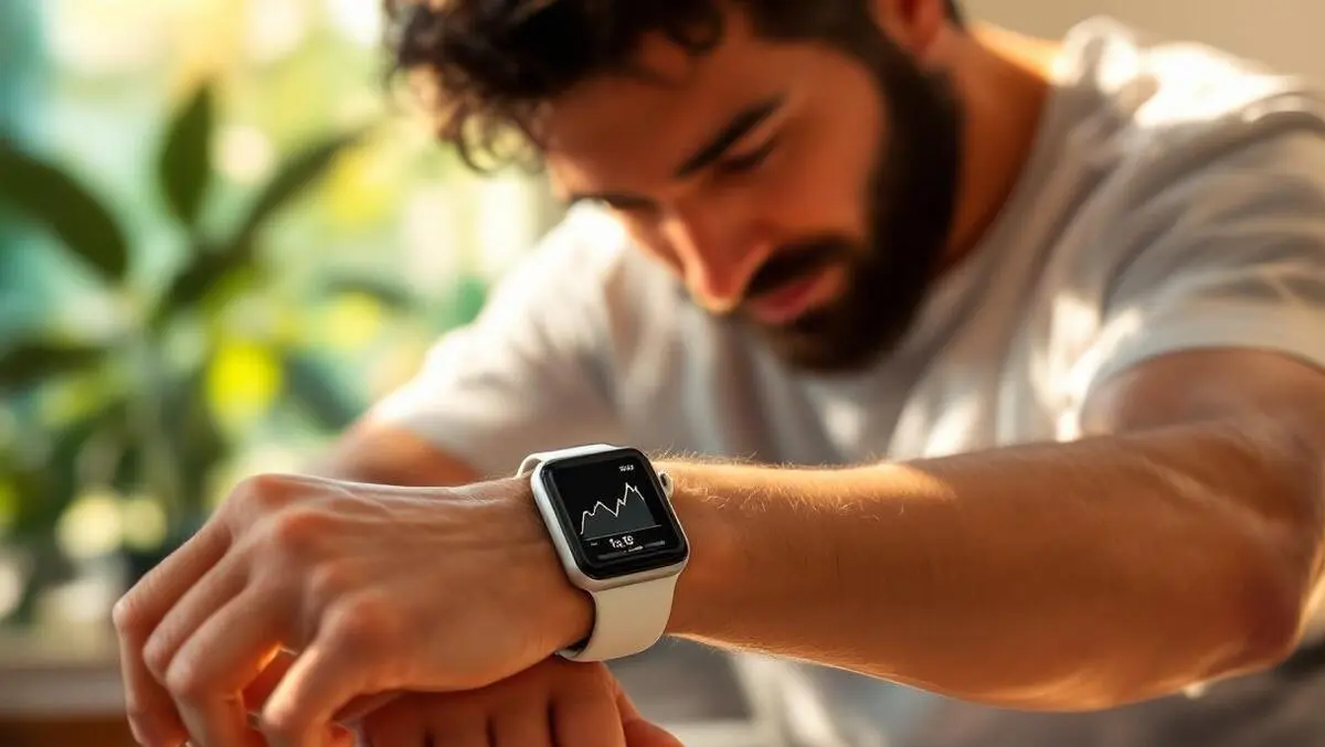 Australian adult wearing apple watch glucose monitor home graph sunlight