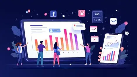 People analyzing colorful bar charts graphs on tablet smartphone with ios android icons