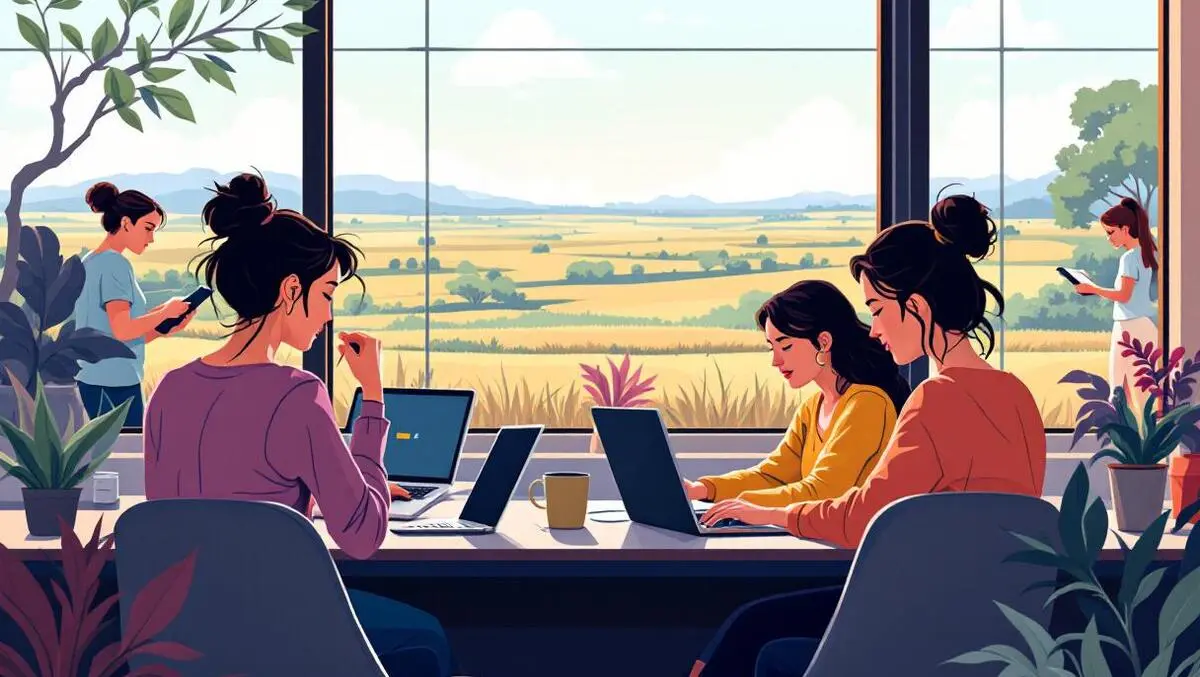 Group of women using laptops tablets modern office australian tech