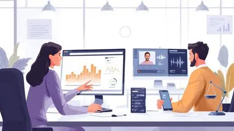 Realistic illustration professionals modern office computer monitors graphs waveforms audio video communication monitoring compliance financial legal services