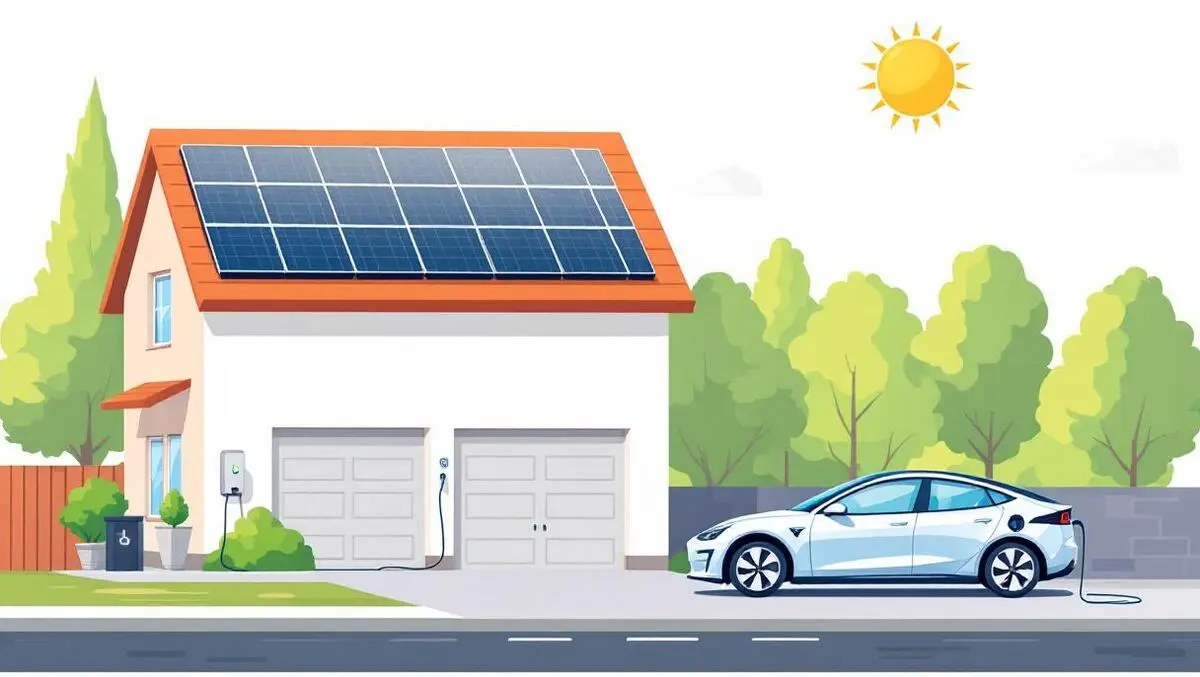 Suburban home solar panels electric car charging sunny day efficiency