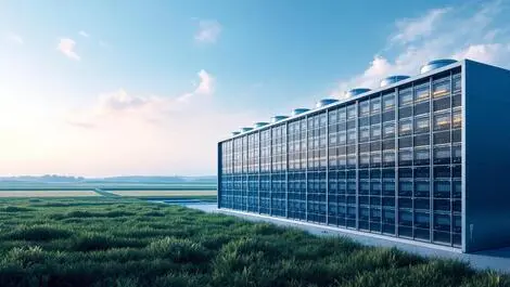 Realistic illustration large data center building cooling structures iowa landscape