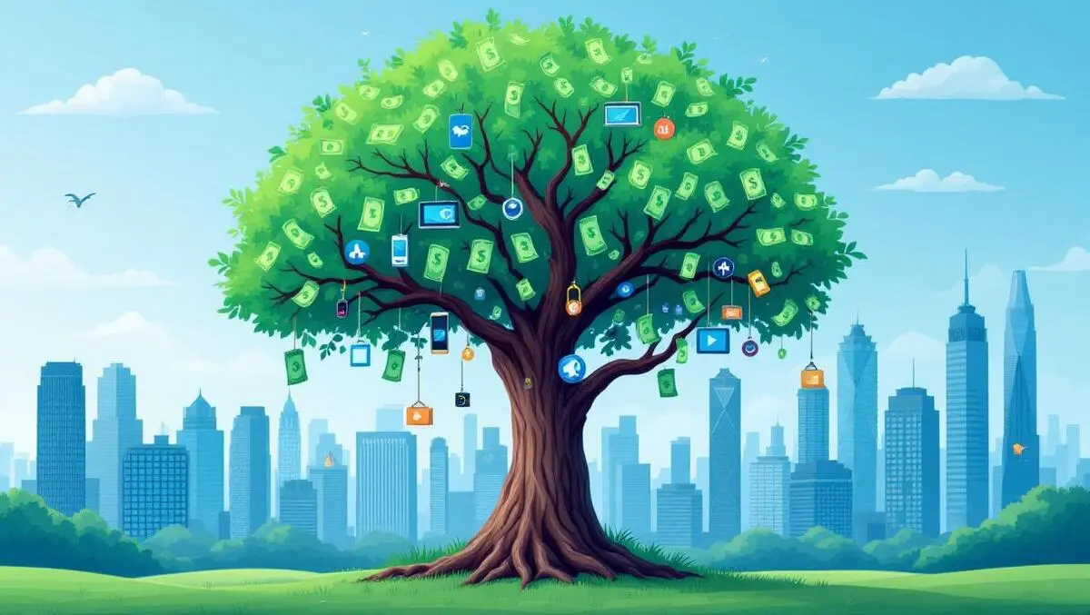 Large tree with dollar bills tech gadgets hanging cityscape australian tech sector