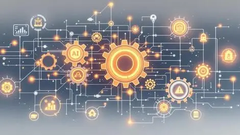 Digital illustration interconnected data streams abstract gears ai analysis