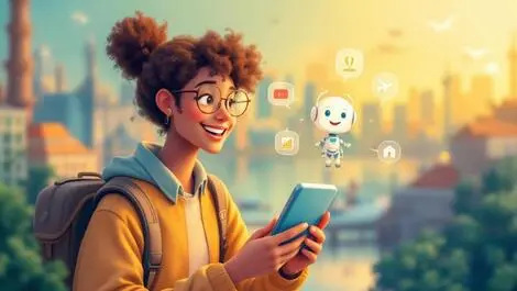 Cheerful traveler smartphone robotic assistant hotel icons travel imagery